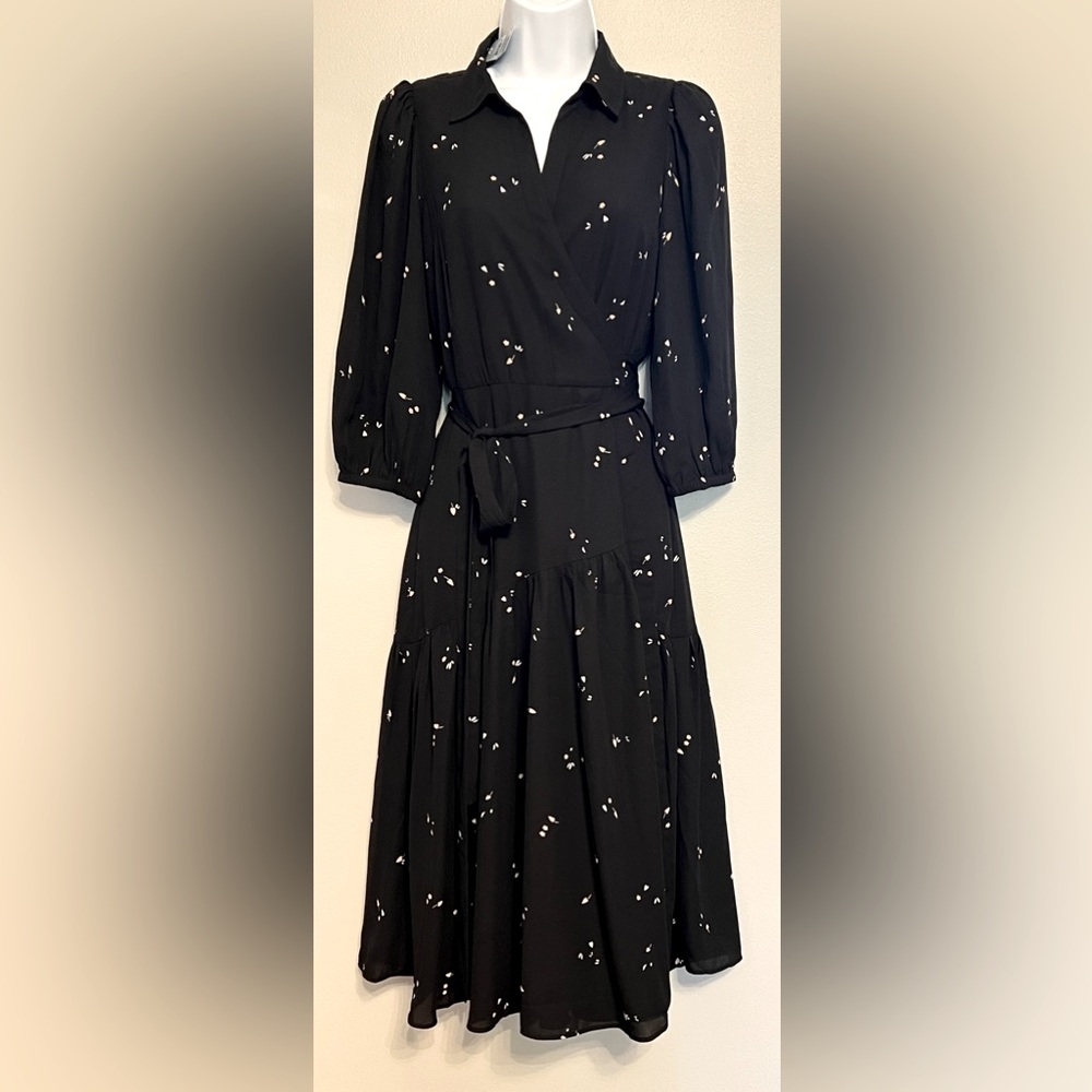 Ann Taylor black, white pattern wrap midi dress, size 4P